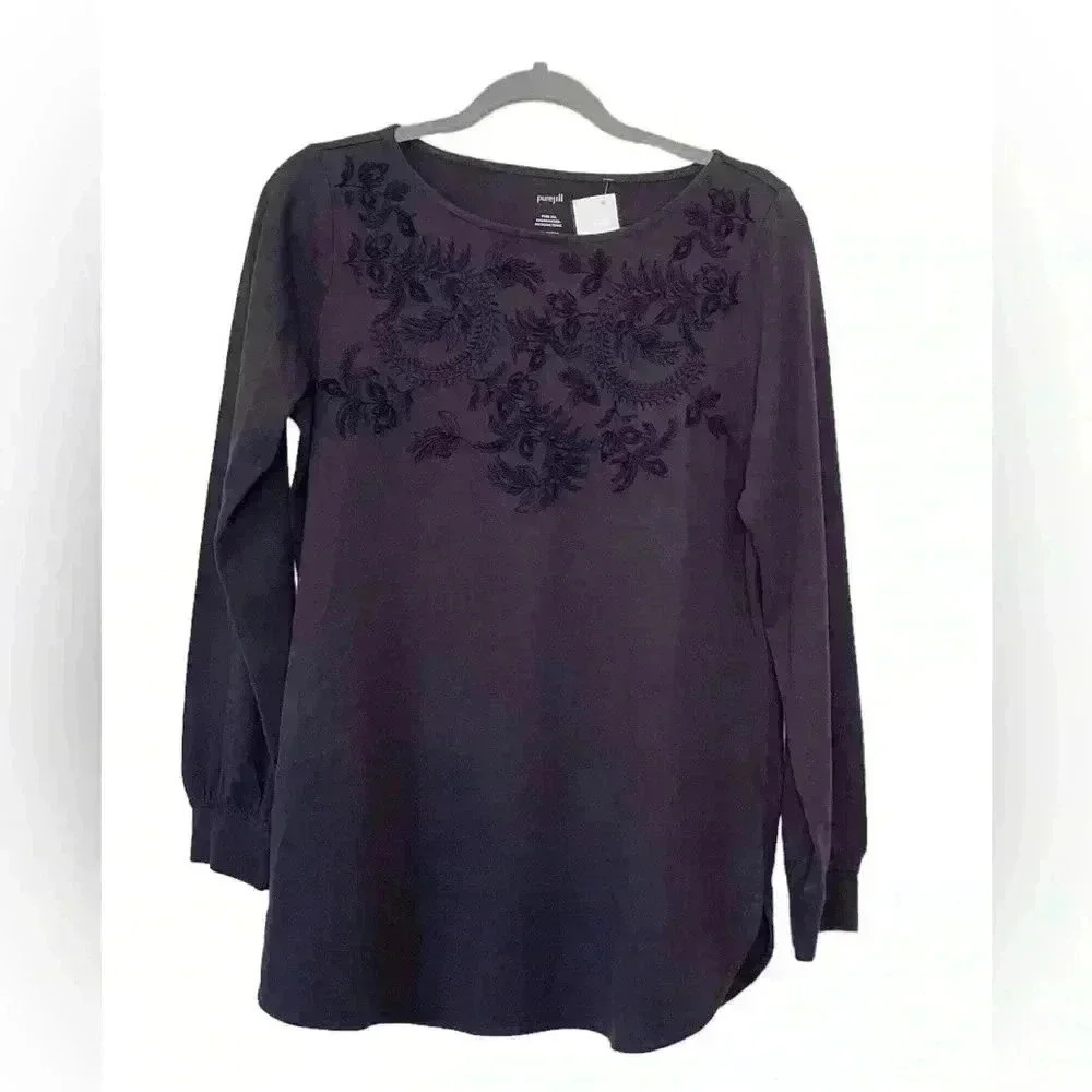 NWT J.Jill Knit Floral Embroidered Neckline Long Sleeve Dark purple Top size S